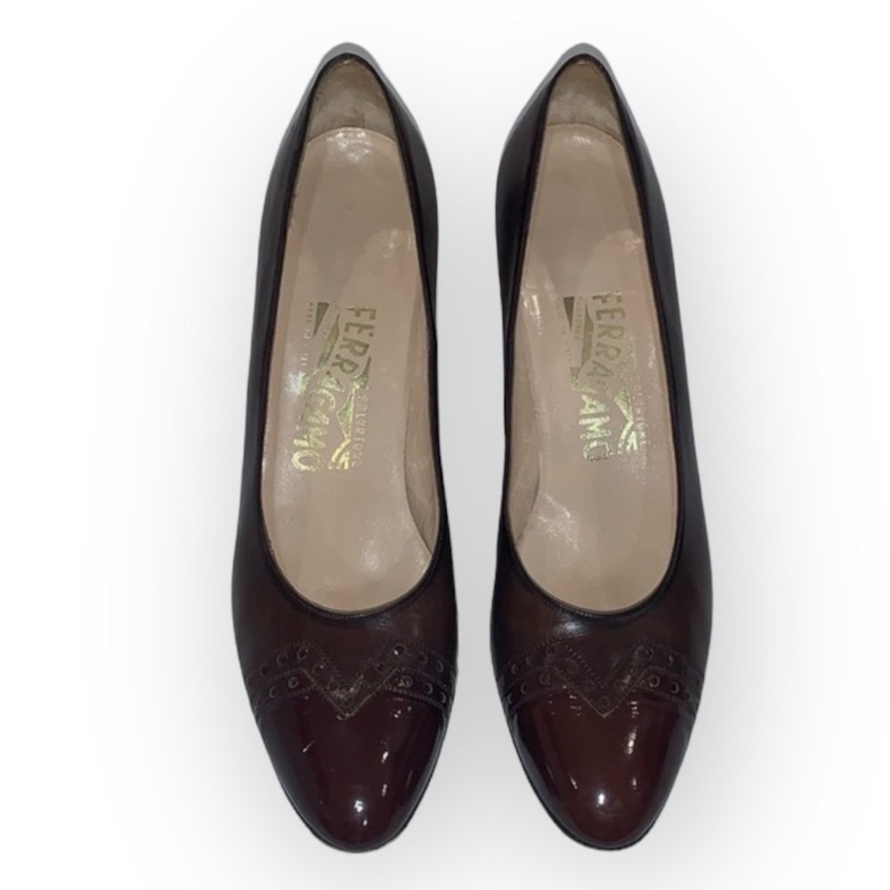 Salvatore Ferragamo Brown Leather Semi Pointed Lasercut Accents Pumps size 8 1/2